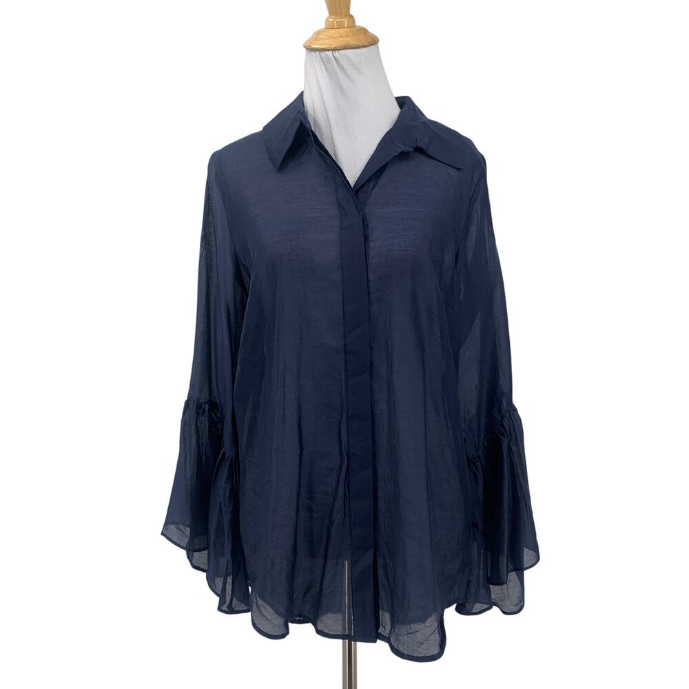 Brave + True Shirt Womens XS Navy Miranda Ruffled Sleeves Button Up Semi Sheer